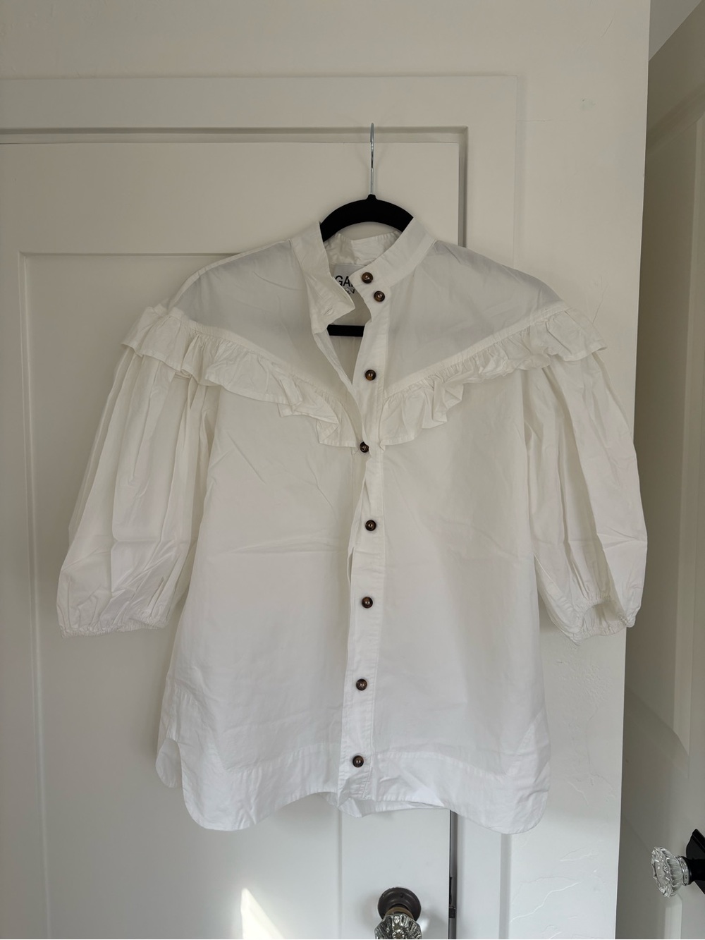 Ganni White Ruffle Button-Up Blouse